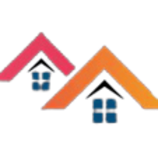 Logo med to farverige hustage og vinduer